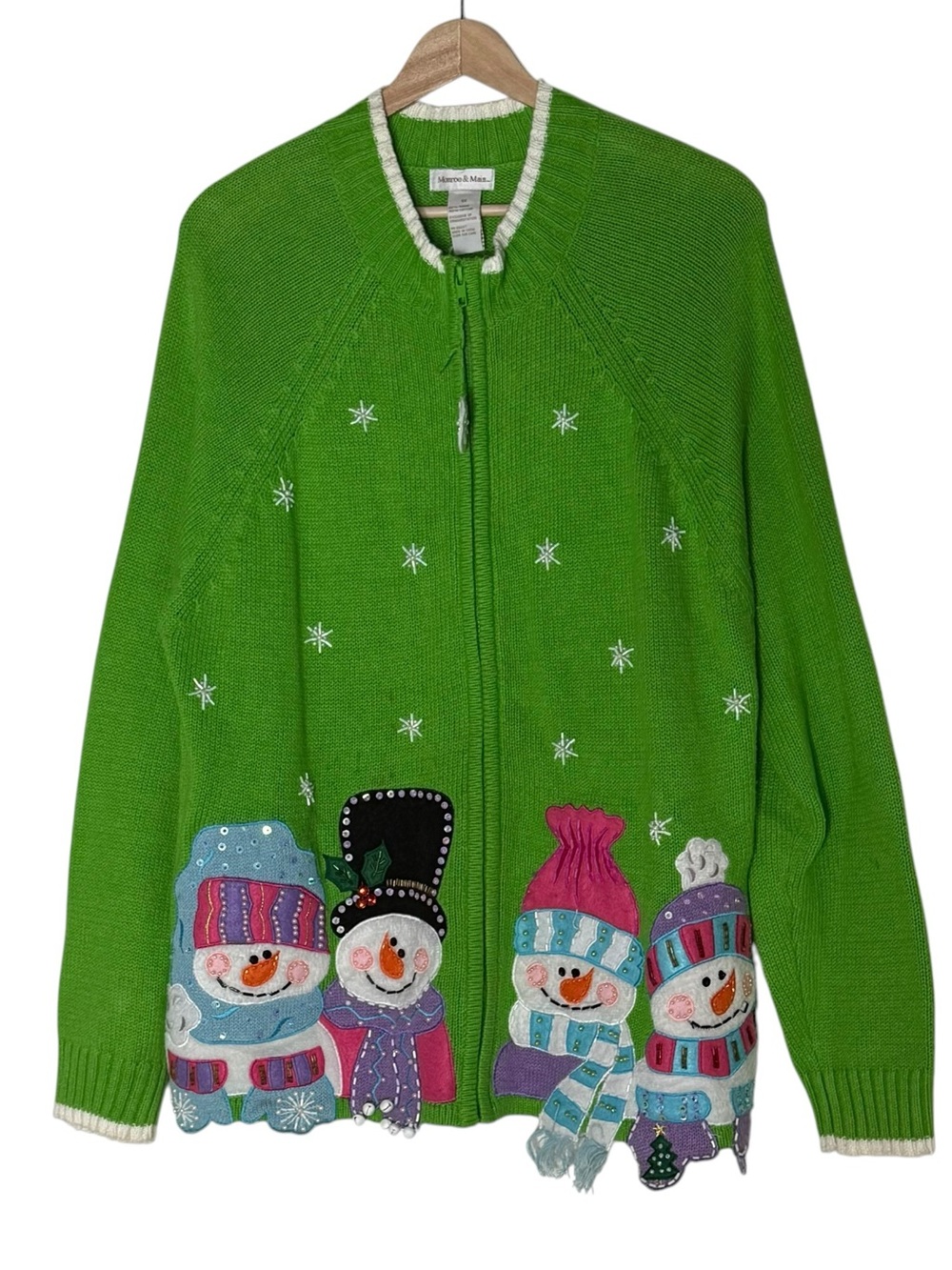 Monroe & Main VTG Embroidered Embellished Beaded Snowman Zip Sweater Cardigan 1X